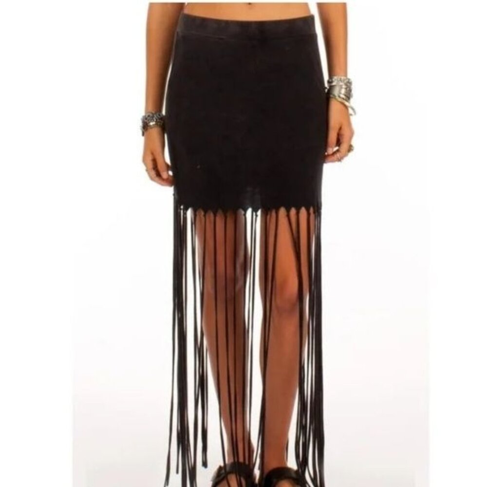 Black Fringe Mini Skirt With Long Tassels S